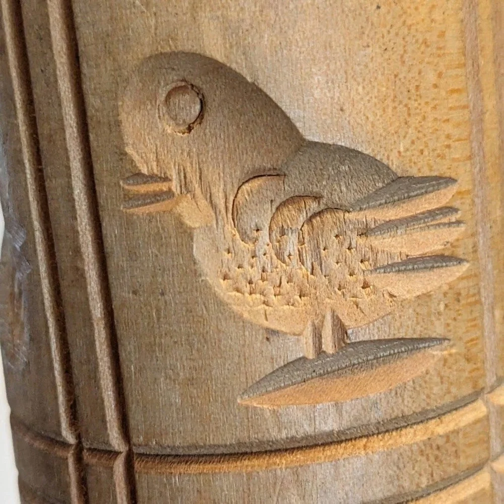 Vintage Wooden Springerle Rolling Pin Carved Bird Butterfly Flower Cookie Mold